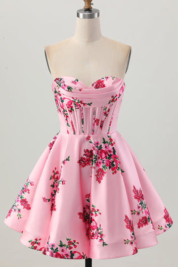 Pink Flower A-Line Sweetheart Satin Corset Homecoming Dress